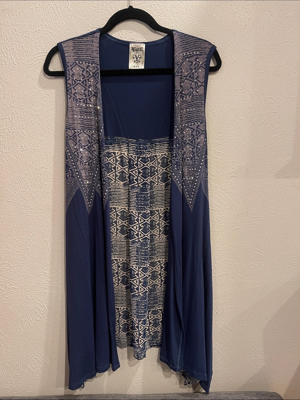 Vocal long navy vest. Size large. Geometric bling pattern.